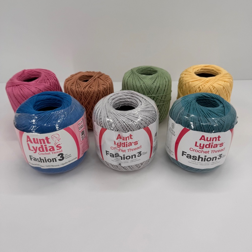 Aunt Lydia's Fashion 3 Crochet Thread Lot 7 Assorted Colors 100% Cotton 150 Yard